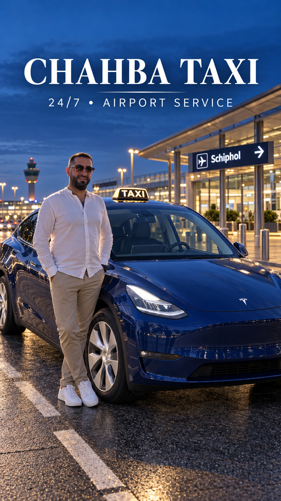 Chahba Taxi driver next to a blue Tesla